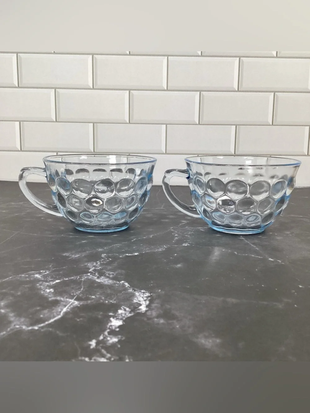 4 Vtg Anchor Hocking Blue Bubble Glass Teacups Or Punch Glasses Depression Glass